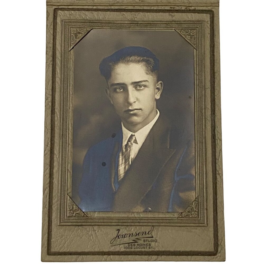 Moody Young Man Vintage Photo Card Townsend Studio Des Moines Iowa Midwest USA